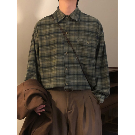 NAGAWL秋季日系复古宽松学院风格纹休闲百搭叠穿长袖衬衫上衣男女