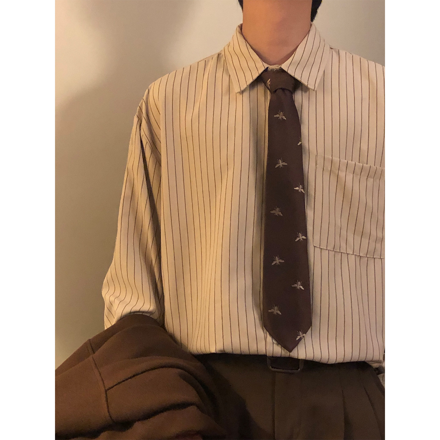 NAGAWL秋季美式复古学院风条纹宽松休闲百搭叠穿长袖衬衫上衣男女 - 图3