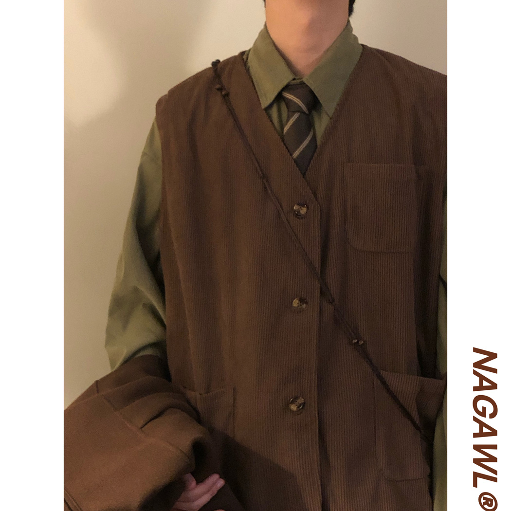 NAGAWL2025秋美式复古学院风纯色百搭V领开衫背心马甲上衣男女潮 - 图0
