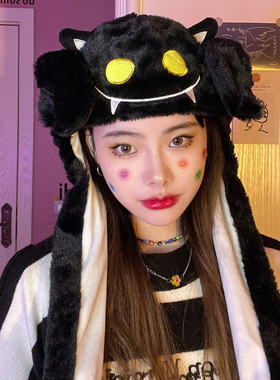万圣节骷髅头帽子一捏会动头套女