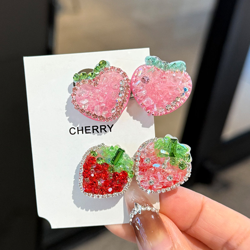 韩国新款可爱儿童水钻草莓水蜜桃发夹卡通鸭嘴夹甜美侧边发卡头饰,淘宝优惠券,粉丝福利购,淘宝优惠卷