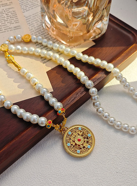 珍珠古法五福镂空圆盘项链女 轻奢感优雅时尚气质毛衣链配饰