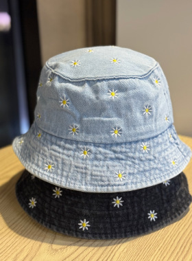 日系小雏菊花朵渔夫帽女复古做旧牛仔水桶盆帽春夏季防晒遮阳帽子
