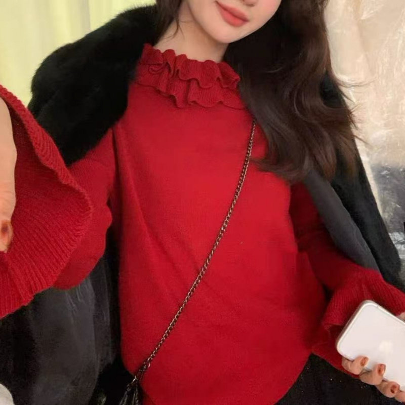 别致荷叶领毛衣女内搭冬季独特设计感上衣喇叭袖针织打底衫女长袖,淘宝优惠券,粉丝福利购,淘宝优惠卷