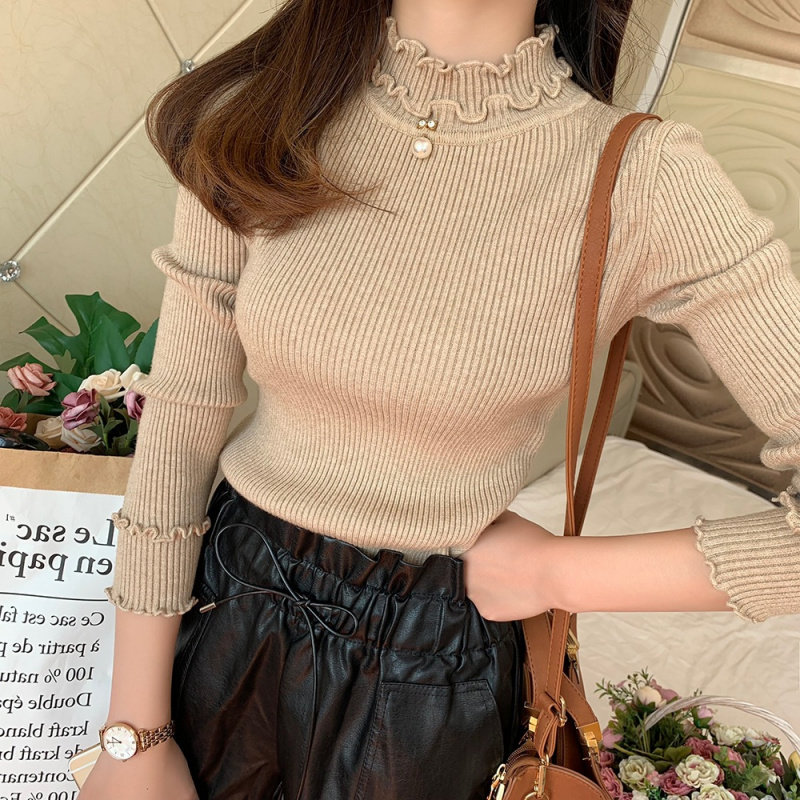 秋冬新款半高领木耳边修身针织毛衣女短款韩版甜美中领打底衫上衣,淘宝优惠券,粉丝福利购,淘宝优惠卷