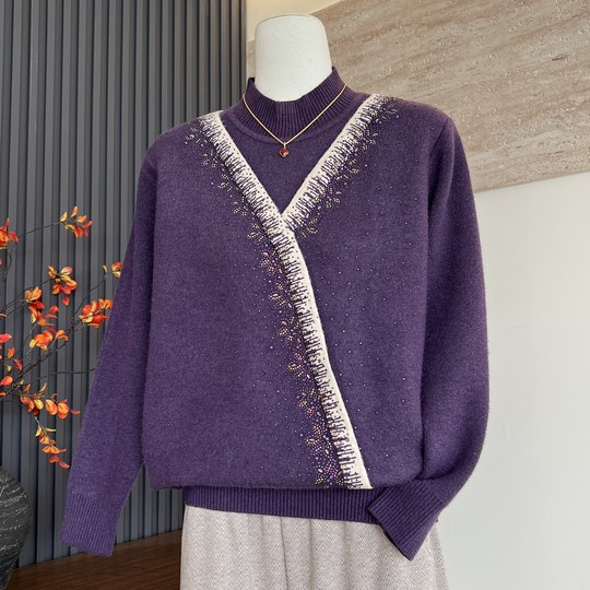 新款妈妈装冬季针织一体绒假两件上衣长袖半高领保暖中老年女毛衣