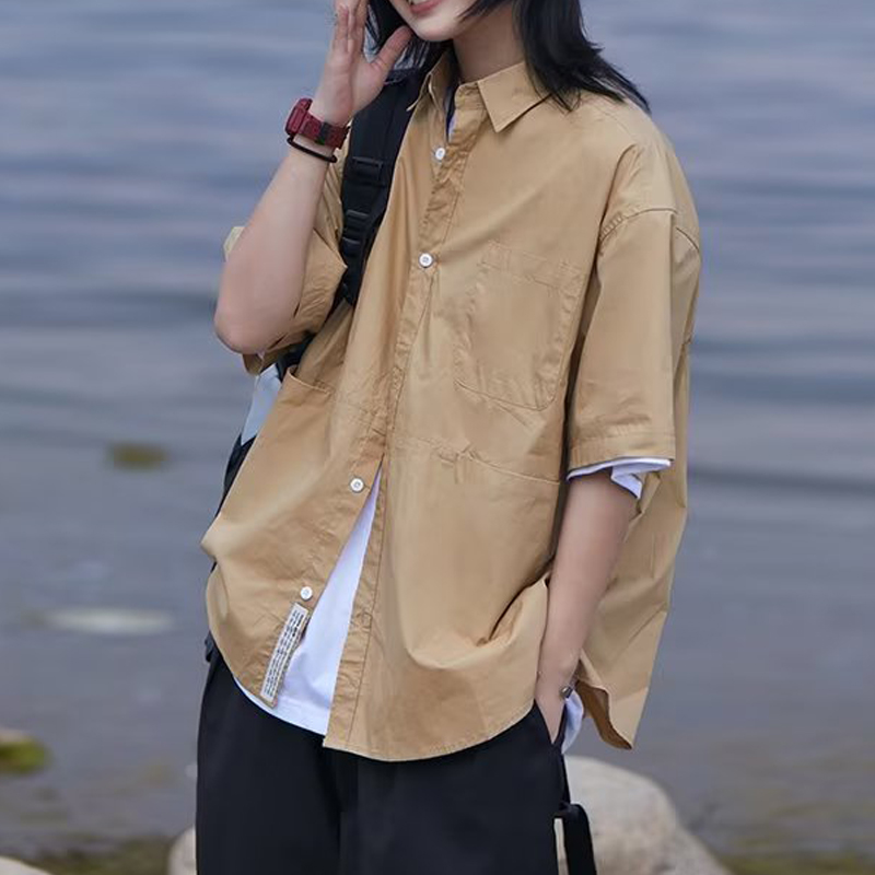 日系复古工装休闲短袖衬衫男女夏季外穿上衣宽松百搭纯色衬衣外套 - 图0