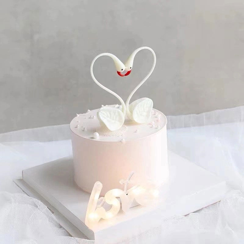 七夕情人节蛋糕装饰黑白天鹅摆件蝴蝶结丝带插件情侣告白女神生日