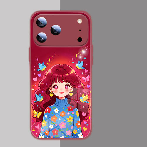 Q版女孩大波浪卷发勃艮第酒红渐变VIVOIQOOZ11S适用iphoneair手机壳苹果17华为PuraXView荣耀Magic8小米18Pro - 图2
