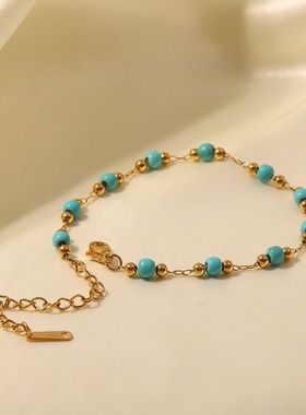 欧美INS网红风女式手链18镀金K不锈钢绿松石手链几何型潮流手链饰