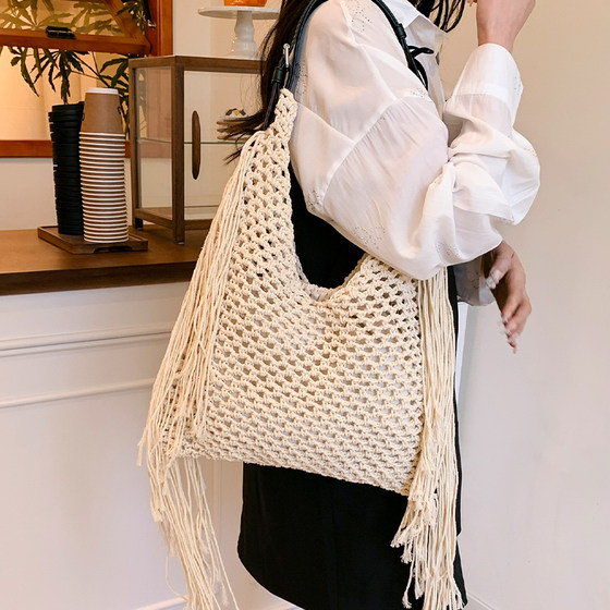 Handwoven bag women's 2025 new trendy fashion beach vacation shoulder bag large capacity popular tote bag