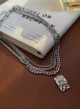 法式简约精致闪钻吊坠双层古巴项链小众设计欧美高街轻奢锁骨链女