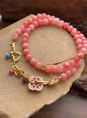 新中式国风彩色珐琅粉晶锁骨链复古高级感气质百搭古风招桃花项链