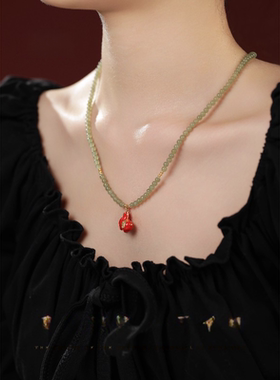 小红马生肖吊坠和田玉串珠项链女气质百搭锁骨链本命年生日礼物