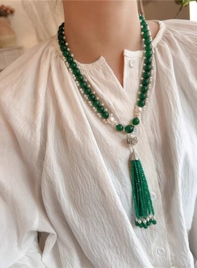 新中式天然绿玉髓珍珠项链长款毛衣链女轻奢小众高级感串珠流苏