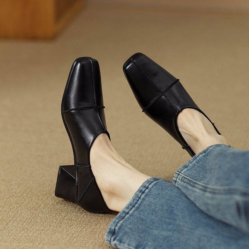 2025法式晚风粗跟单鞋女设计感小众气质高跟鞋软底软皮方头工作鞋,淘宝优惠券,粉丝福利购,淘宝优惠卷