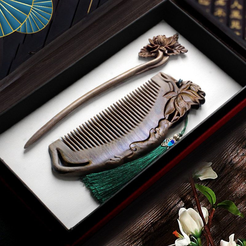 天然绿檀木梳子簪子套装迷你复古风木簪子雕花网红随身化妆梳镜,淘宝优惠券,粉丝福利购,淘宝优惠卷
