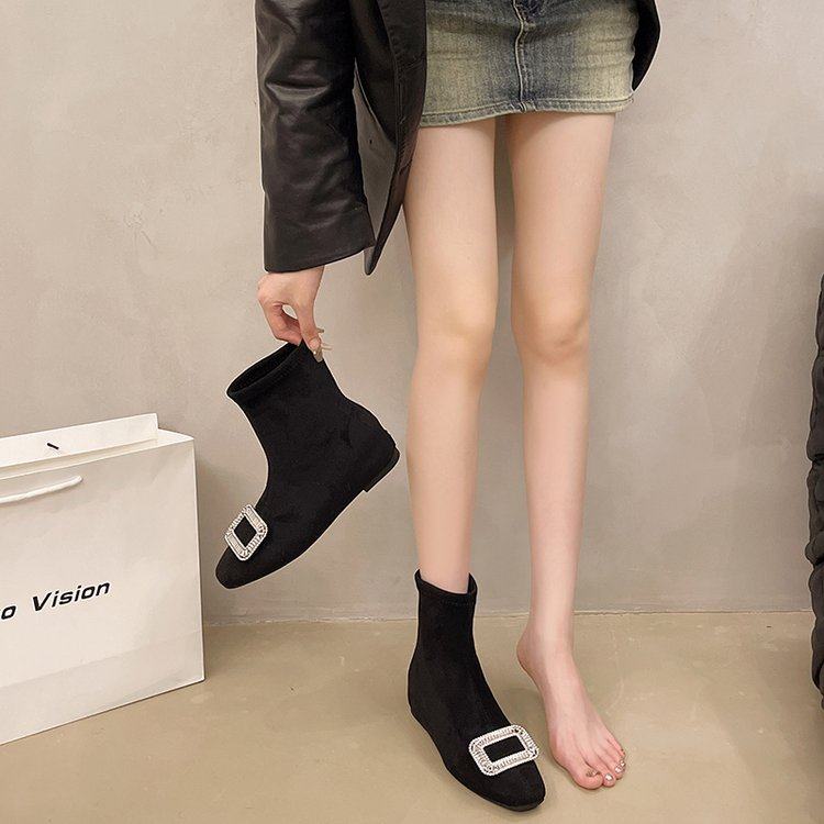 法式小短靴女2025秋冬新款方扣水钻弹力靴低粗跟方头加绒面瘦瘦靴,淘宝优惠券,粉丝福利购,淘宝优惠卷