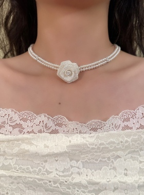 洁花香妮~蔷薇珍珠项链女甜美花朵双层叠戴锁骨链百搭设计感颈链