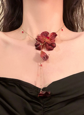 鸢尾花野~清冷感气质花瓣流苏项链小众设计感锁骨链度假风choker