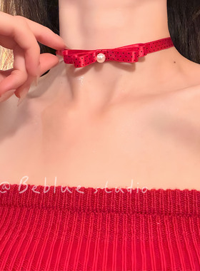 加倍高甜~红色蝴蝶结波点珍珠项链女甜美choker锁骨链气质毛衣链