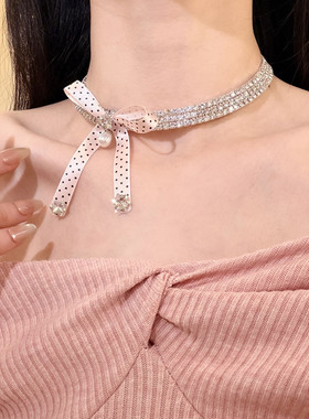 初恋序章~超仙闪锆蝴蝶结流苏珍珠项链女宴会礼服锁骨链choker