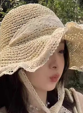 大头围草帽女新款海边度假编织镂空沙滩帽蕾丝大号大码防晒遮阳帽
