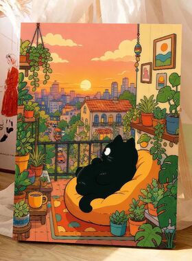 数字油画diy黑猫的四季儿童成人丙烯手工填色治愈可爱卡通装饰画