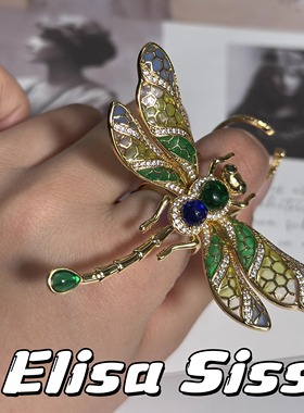 镶嵌彩宝拼接绿蓝色琉璃精致仿蜻蜓开口时尚会动戒指