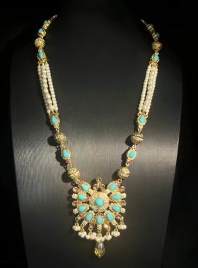 青岛中古vintage松石珍珠点缀耳饰胸针套装复古宫廷风