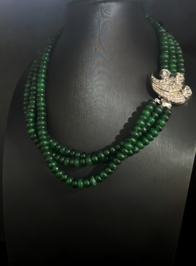 复古风手工串珠绿色多层颈链莱茵石镶嵌显白大气秋冬毛衣链