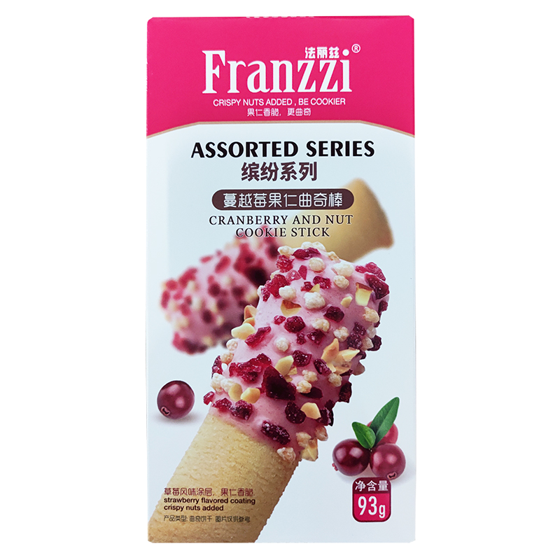 法丽兹缤纷酸奶蔓越莓果仁曲奇棒93g*24盒整箱网红颜值夹心饼干-图0