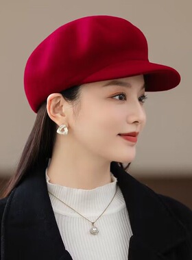 新款鸭舌帽女韩版百搭羊毛呢帽潮八角帽子英伦时尚贝雷画家帽冬季