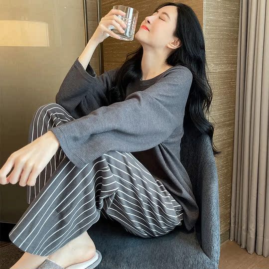 韩版睡衣女带胸垫春秋季可爱学生长袖长裤休闲免穿内衣家居服套装