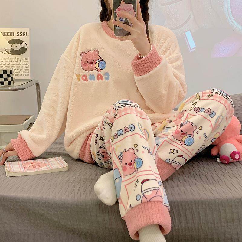 网红风卡通睡衣女秋冬季法兰绒2024新款加厚珊瑚绒学生家居服套装,淘宝优惠券,粉丝福利购,淘宝优惠卷