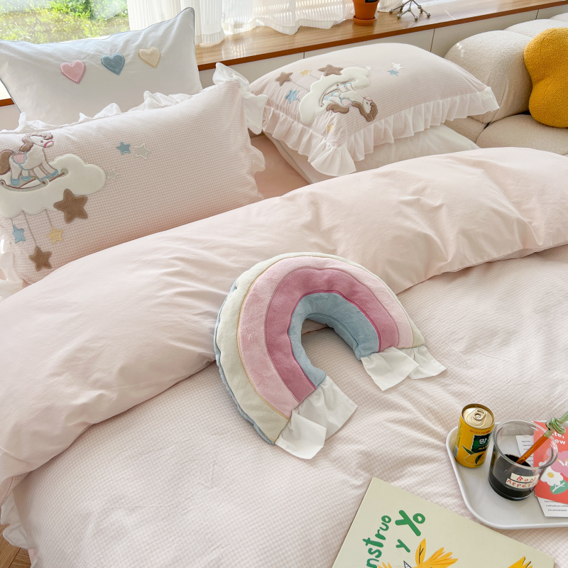 卡通儿童水洗棉四件套全棉纯棉刺绣被套公主韩式花边床上用品1.2m-图2
