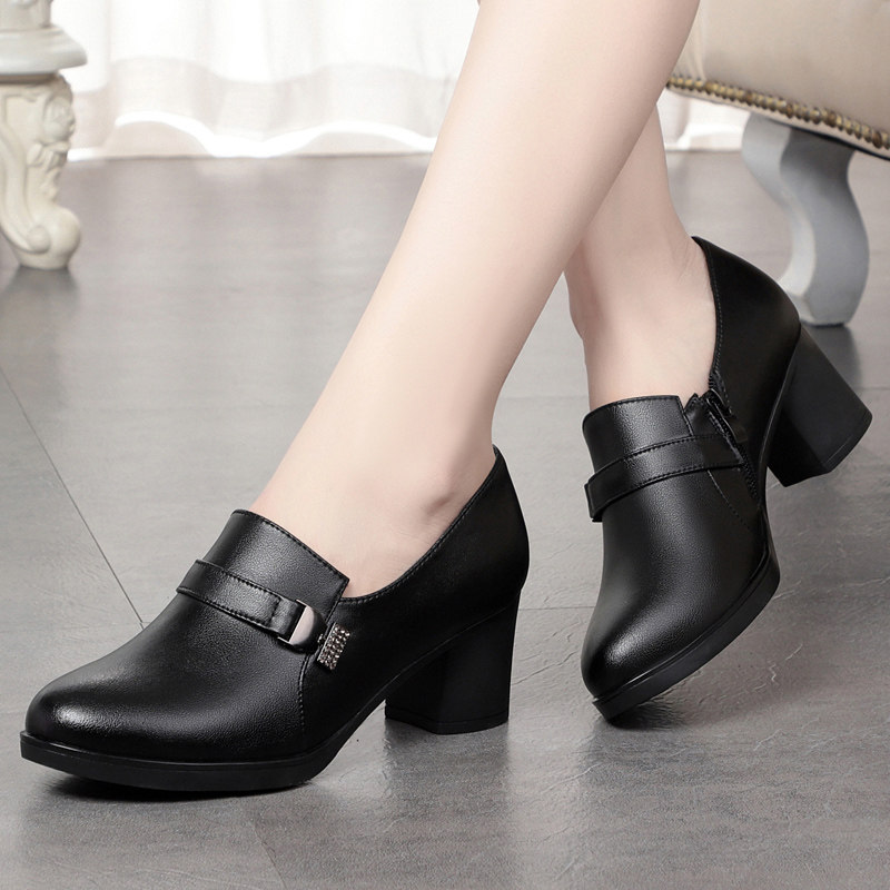 真皮圆头单鞋女2025年春秋新款软皮粗跟高跟妈妈鞋深口皮鞋工作鞋,淘宝优惠券,粉丝福利购,淘宝优惠卷