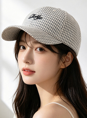韩版格子软顶棒球帽女防晒显脸小