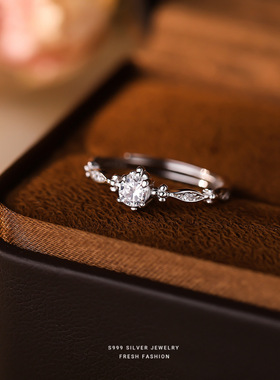 S999纯银轻奢锆石戒指女小众设计感爆闪细圈食指戒高级感女友