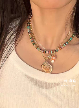彩色飞盘天然石串珠项链女夏季