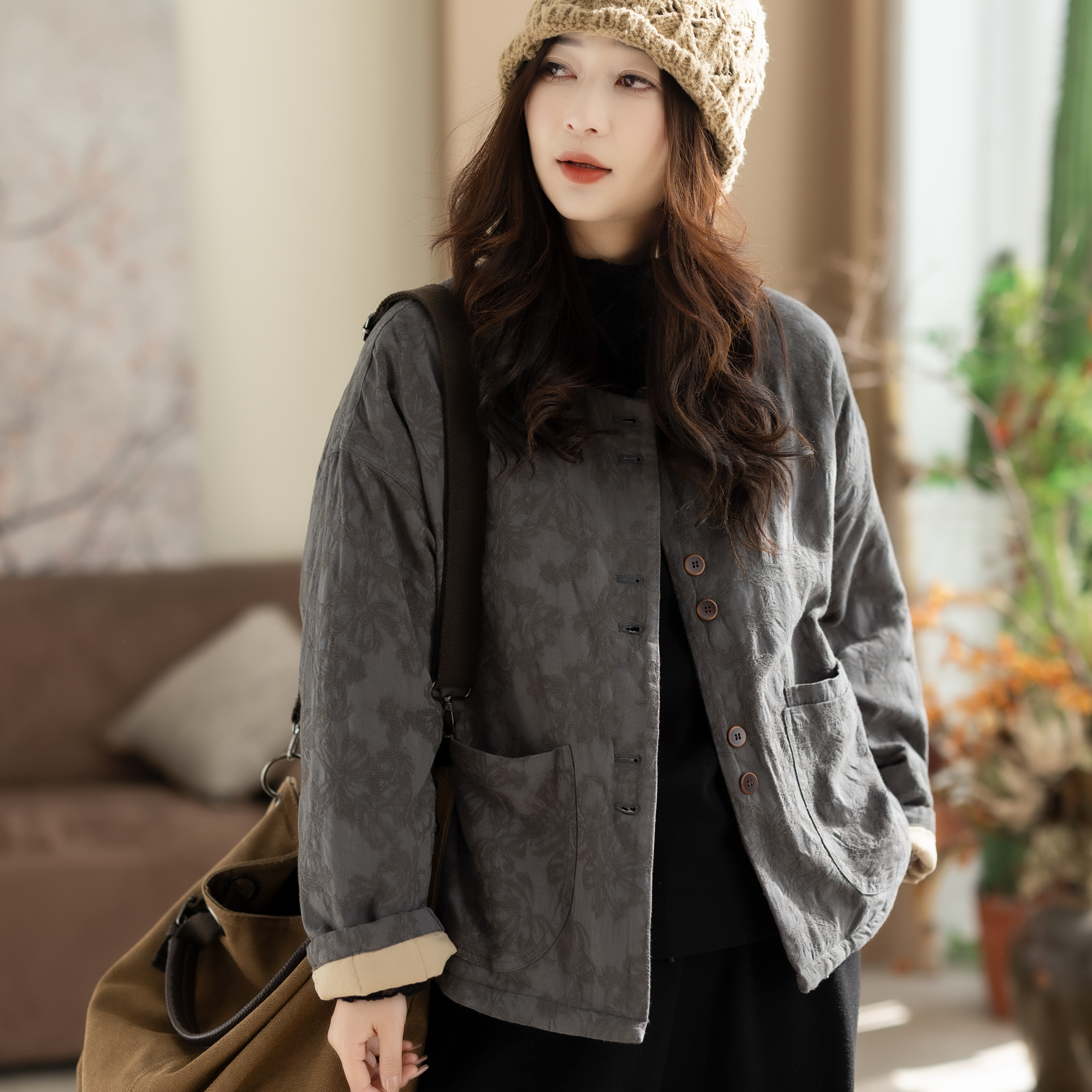 咖咪羽亚麻棉服女秋冬新款文艺休闲纯色宽松流行百搭复古女装外套,淘宝优惠券,粉丝福利购,淘宝优惠卷