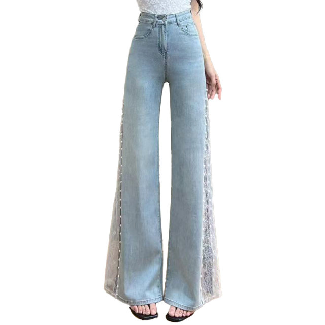 Tencel ບາງໆ hollow lace pearl jeans ຂາກວ້າງ