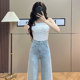 Tencel ບາງໆ hollow lace pearl jeans ຂາກວ້າງ