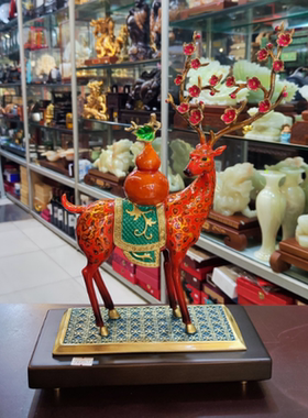 纯铜大漆福禄双全梅花鹿摆件客厅玄关柜装饰品乔迁礼物铜葫芦摆件