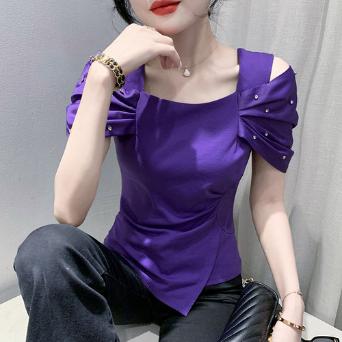 欧货一字领短袖上衣女士夏装设计感不规则开叉T恤心机露肩小衫潮 - 图1