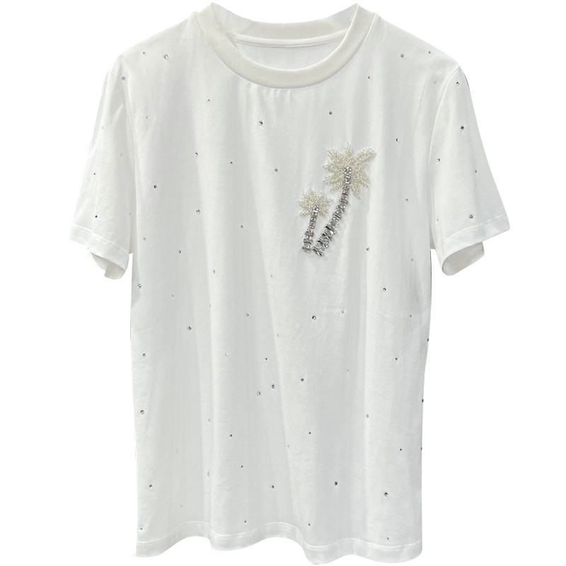 Q货！姐妹们苾入！重工烫钻钉珠高支棉短袖T恤上衣女  95072