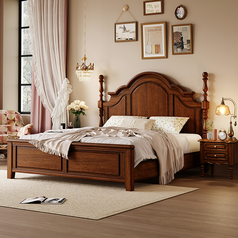 美式全实木床复古乡村1.8米双人床主卧轻奢2米x2米大床1.5m单人床