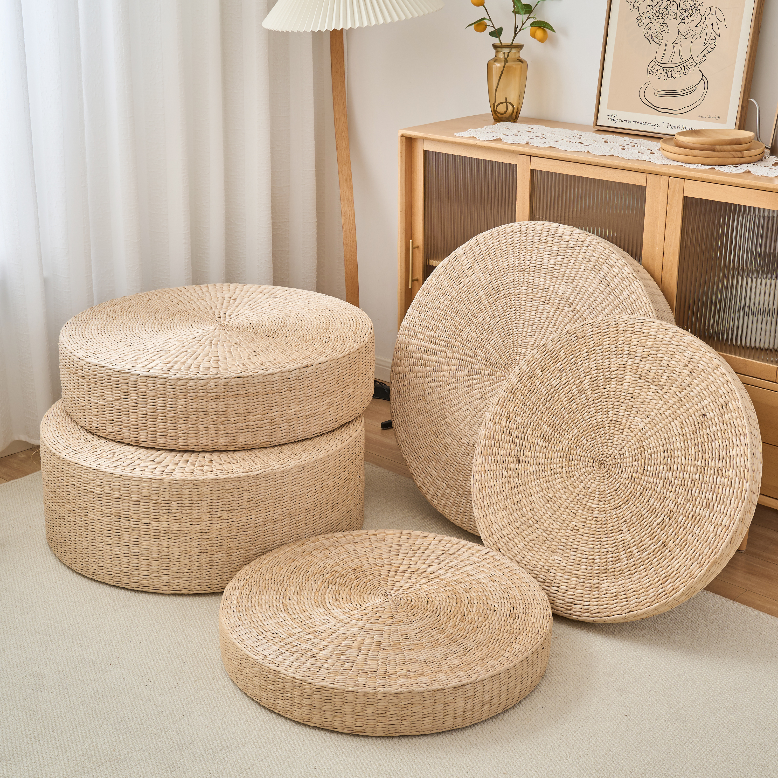 现货大蒲团坐垫飘窗圆形跪拜打坐榻榻米草编加厚禅修日式藤编草编