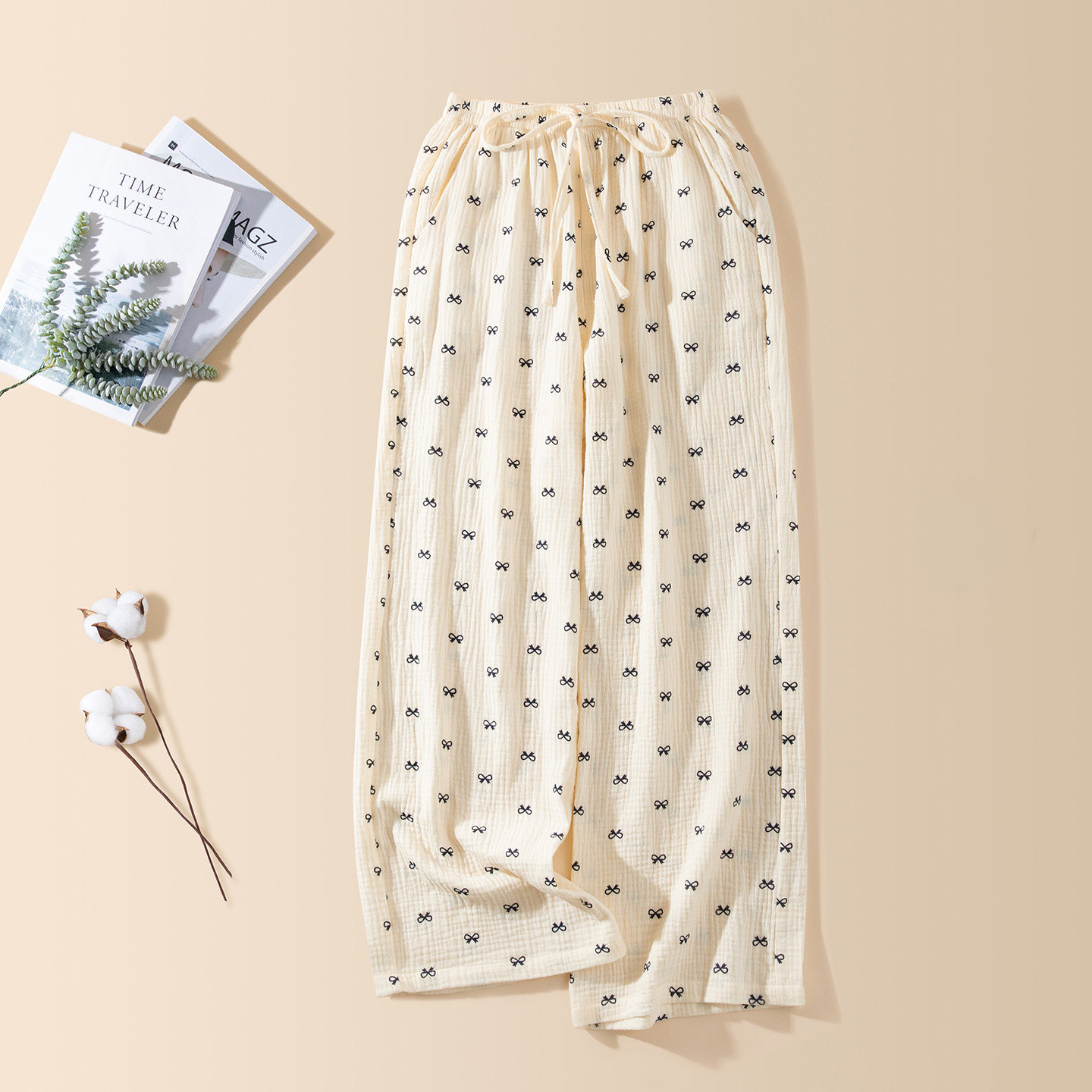 芬腾可安纯棉春秋季双层纱可爱宽松透气家居裤单裤睡裤女士长裤