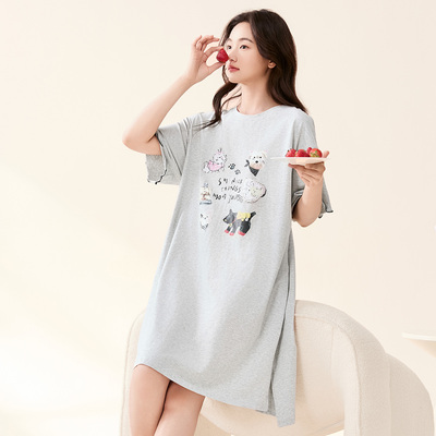 芬腾可安纯棉睡裙女夏季新款甜美可爱卡通印花短袖薄款中裙圆领
